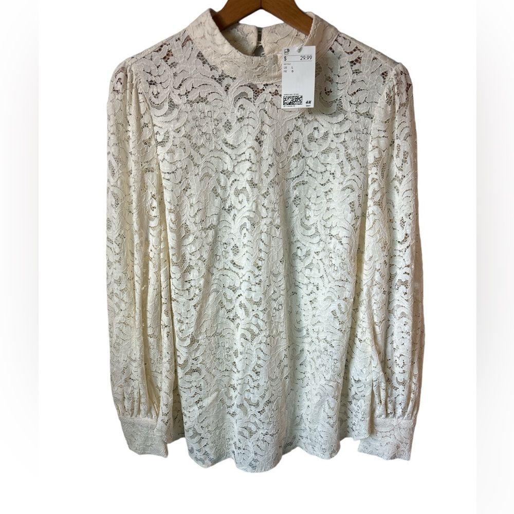 NWT H&M Lace Blouse button wrist detail mock neck Large Coquette Flirty Feminine